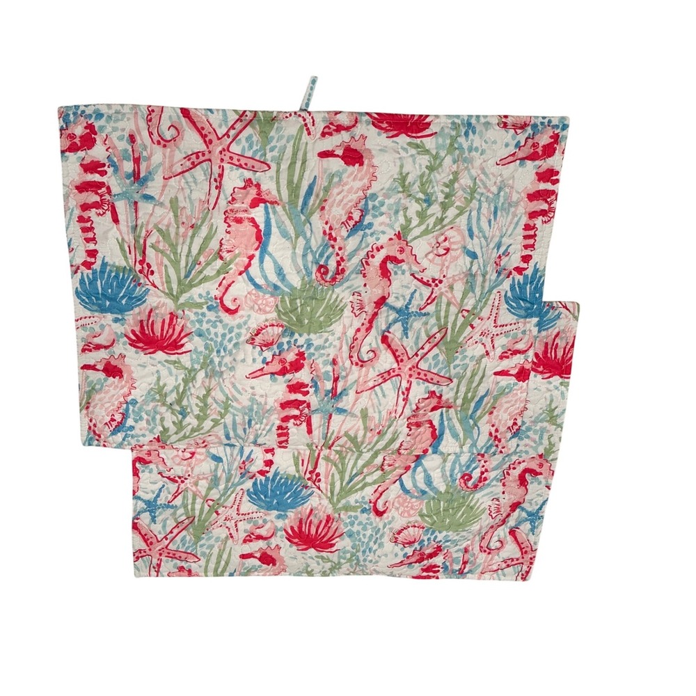 Bealls Coastal Seahorse Starfish Quilted Pillow Shams Set of 2 Pink Teal 22 x 22